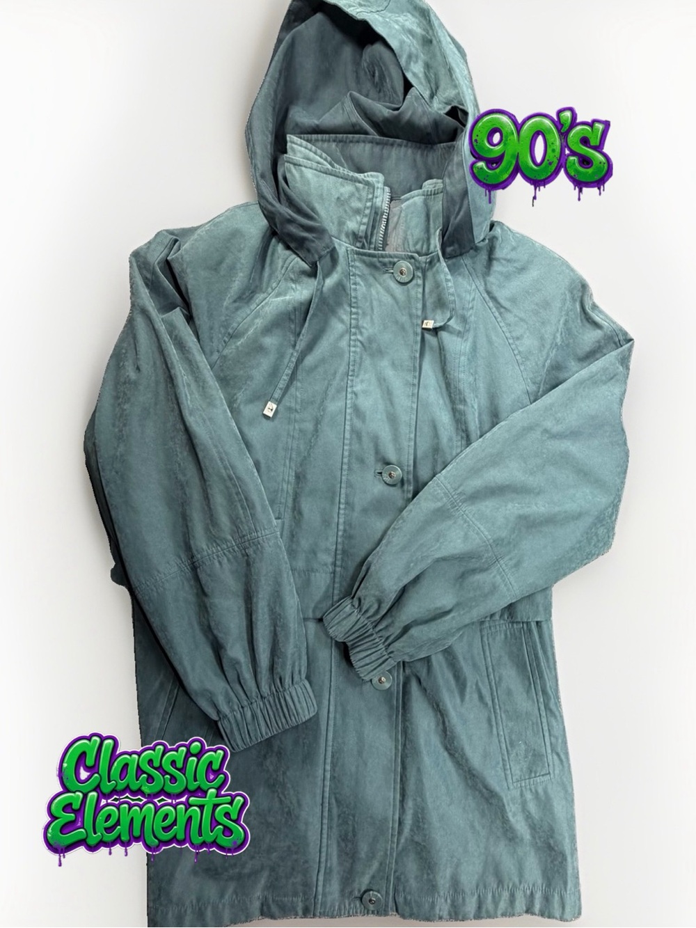 Classic Elements Jacket Womens M Teal Hooded Anorak Parka 90s Zip Snap 20x31